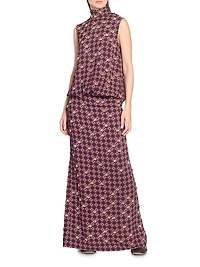 Printed Embellished-Trim Crepe Blouson Maxi Dress