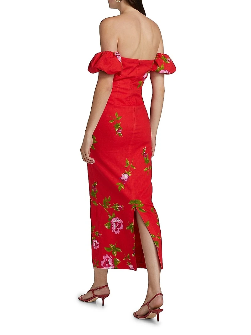 Le Champ Evie Floral Linen-Cotton Midi-Dress
