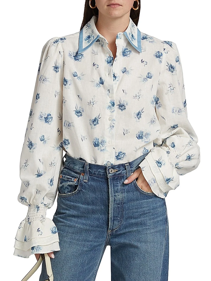Le Champ Lucinda Floral Linen-Cotton Blouse
