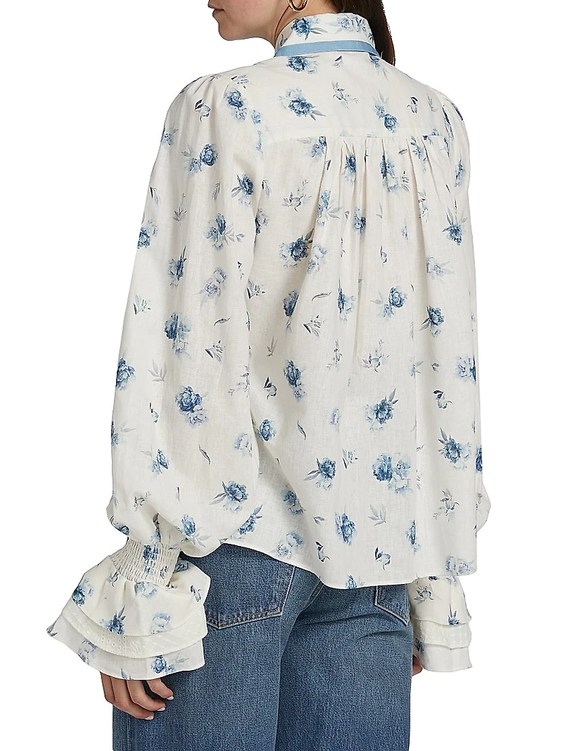 Le Champ Lucinda Floral Linen-Cotton Blouse