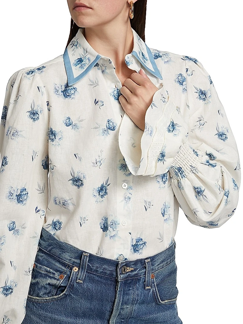 Le Champ Lucinda Floral Linen-Cotton Blouse