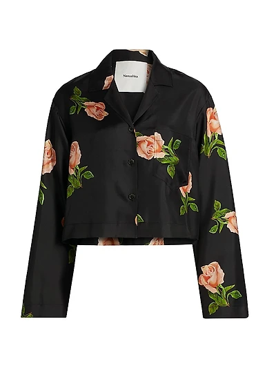 Vally Floral Silk Twill Button-Front Top