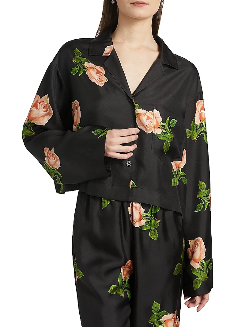 Vally Floral Silk Twill Button-Front Top