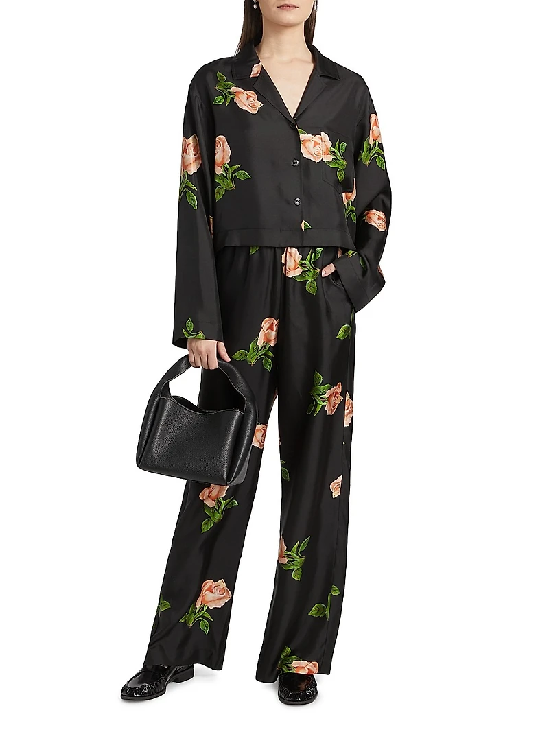 Vally Floral Silk Twill Button-Front Top