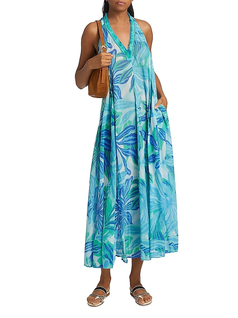 Nava Embellished Floral Cotton V-Neck Maxi Dress