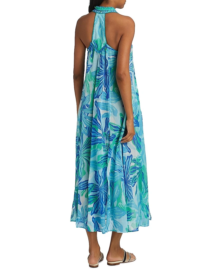 Nava Embellished Floral Cotton V-Neck Maxi Dress