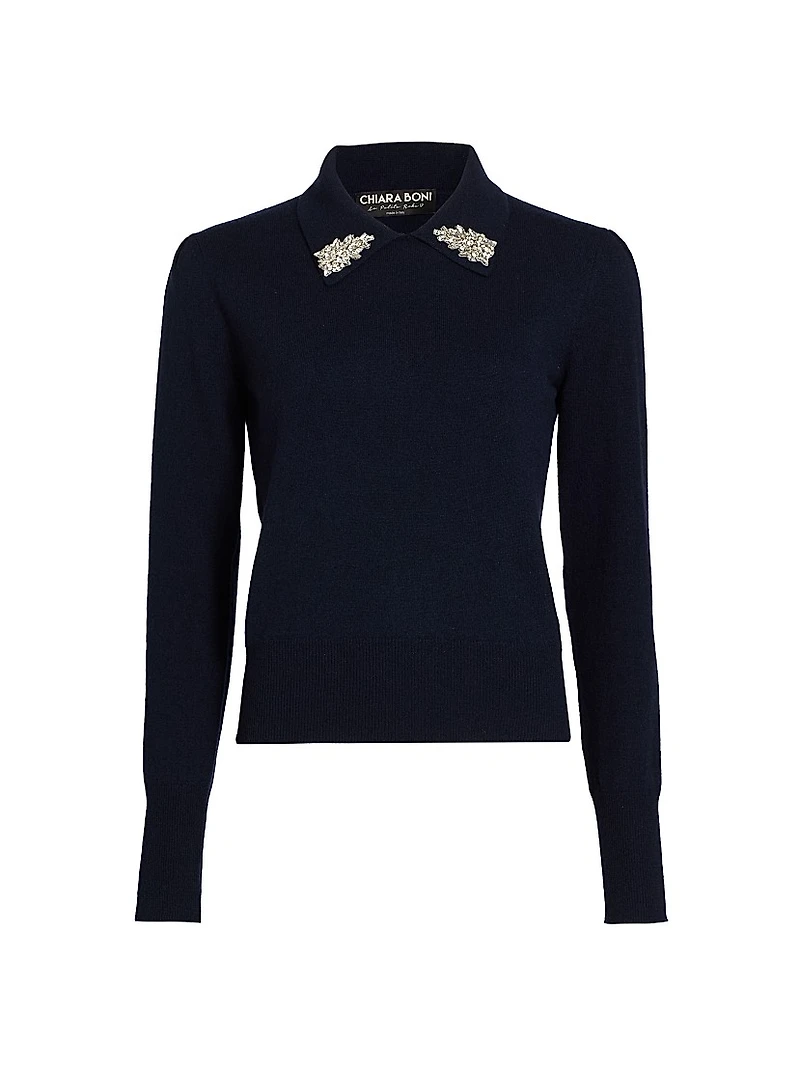 Tem Rhinestone-Collar Sweater Top