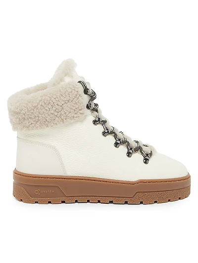 Shearling-Trimmed Leather Platform Ankle Boots
