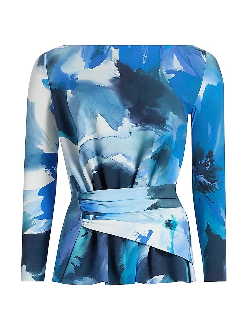 Meipel Printed Ruched Jersey Boatneck Top