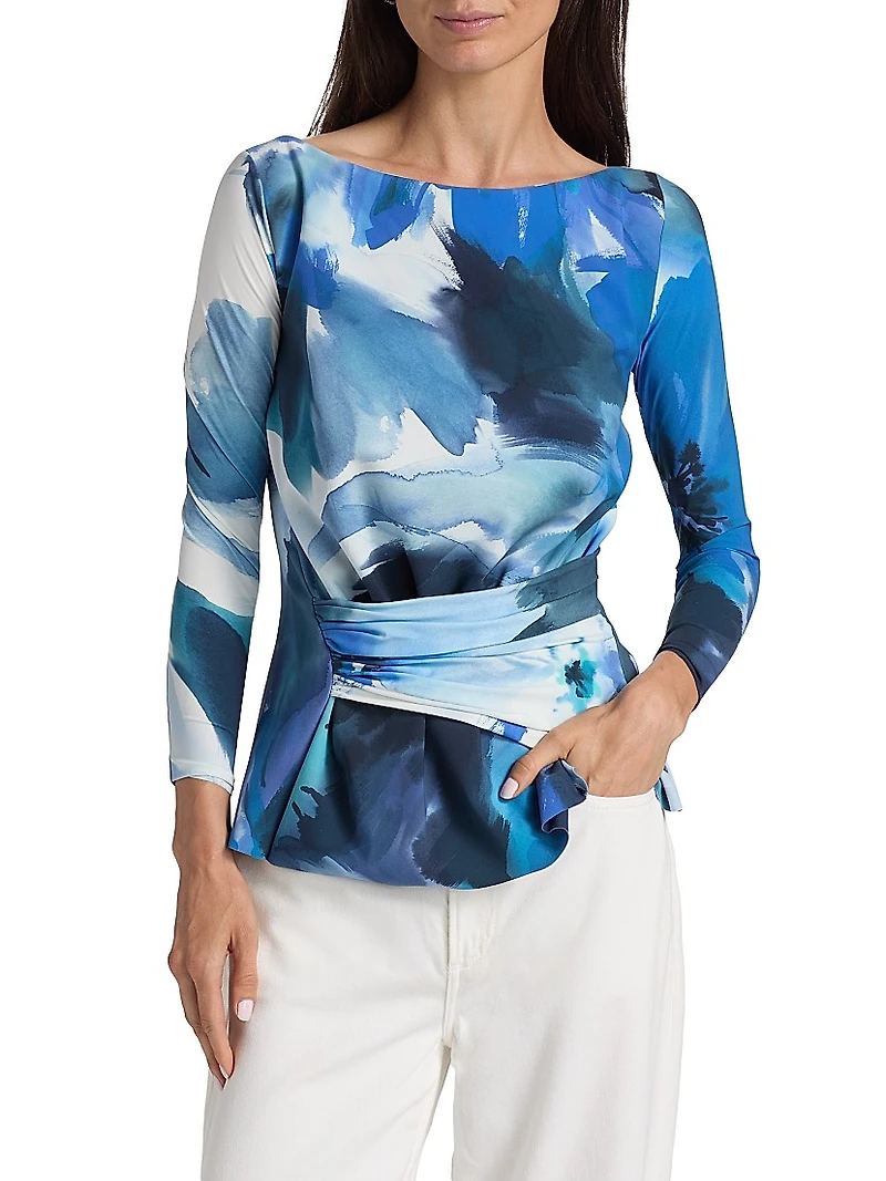 Meipel Printed Ruched Jersey Boatneck Top