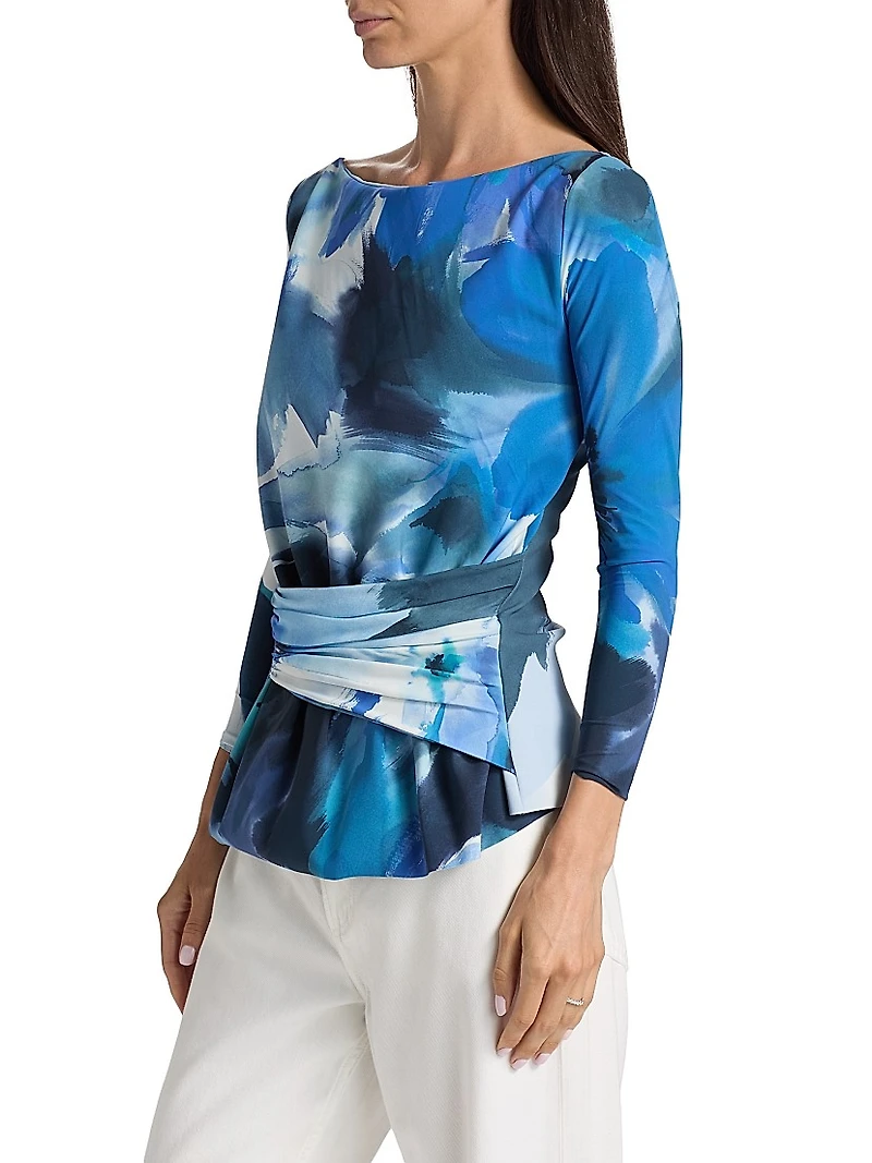 Meipel Printed Ruched Jersey Boatneck Top