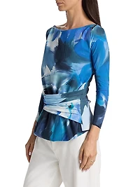 Meipel Printed Ruched Jersey Boatneck Top