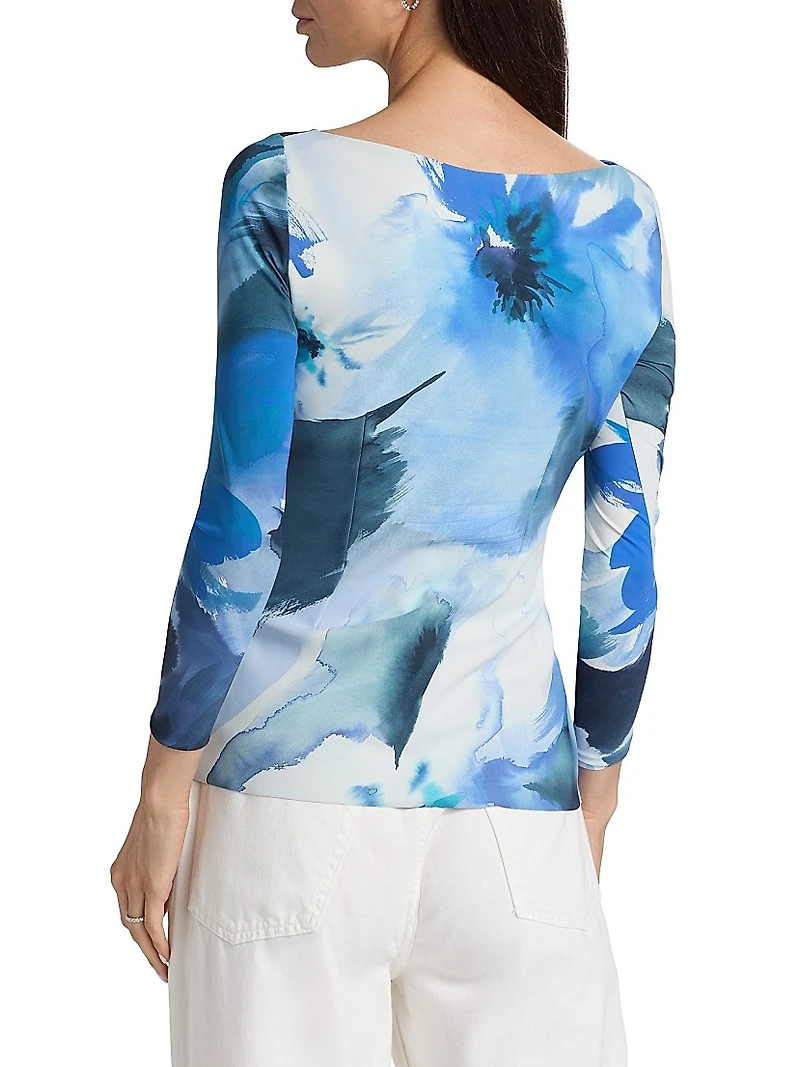 Meipel Printed Ruched Jersey Boatneck Top