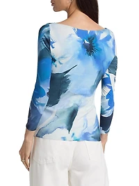 Meipel Printed Ruched Jersey Boatneck Top