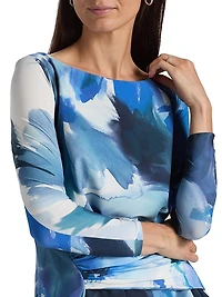 Meipel Printed Ruched Jersey Boatneck Top