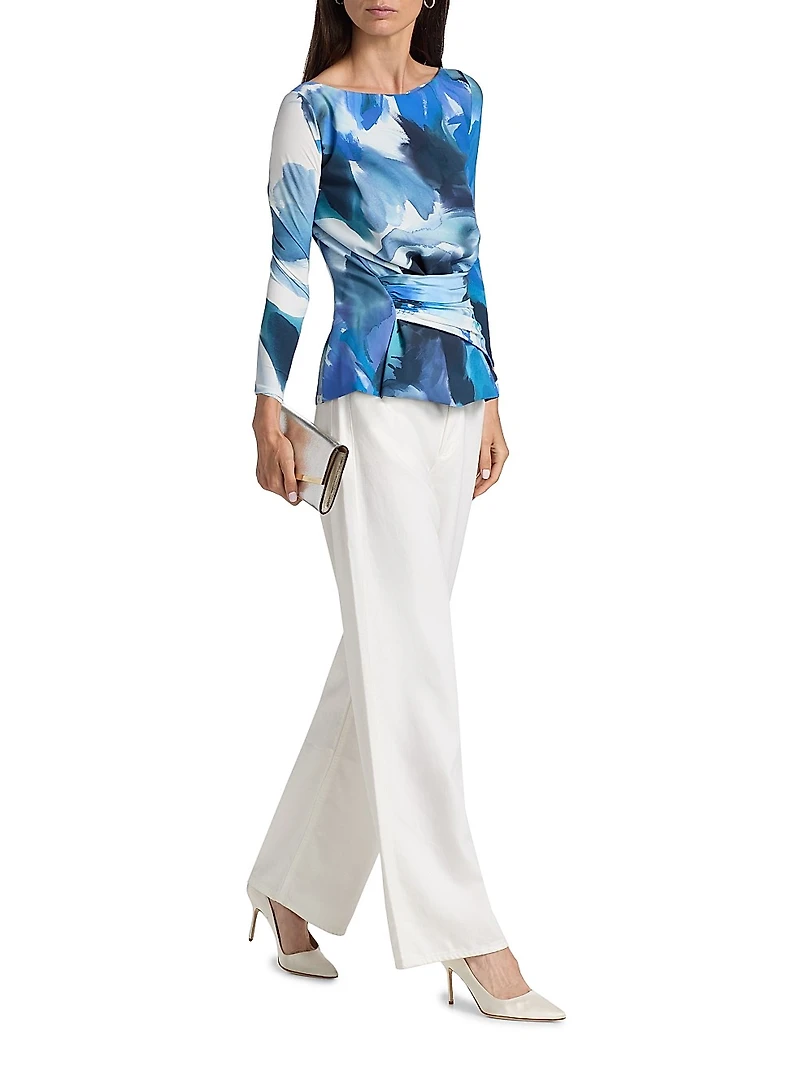 Meipel Printed Ruched Jersey Boatneck Top