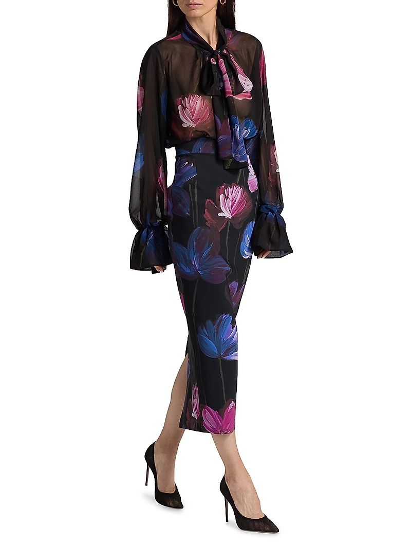 Mihai Floral Chiffon Tieneck Blouse