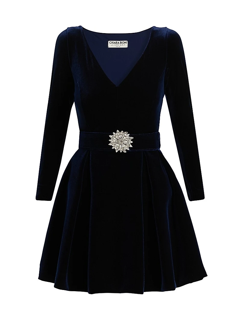 Embellished Velvet Belted Cocktail Minidress