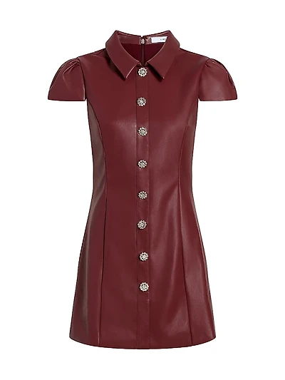 Anika Crystal Button-Detail Faux-Leather Minidress