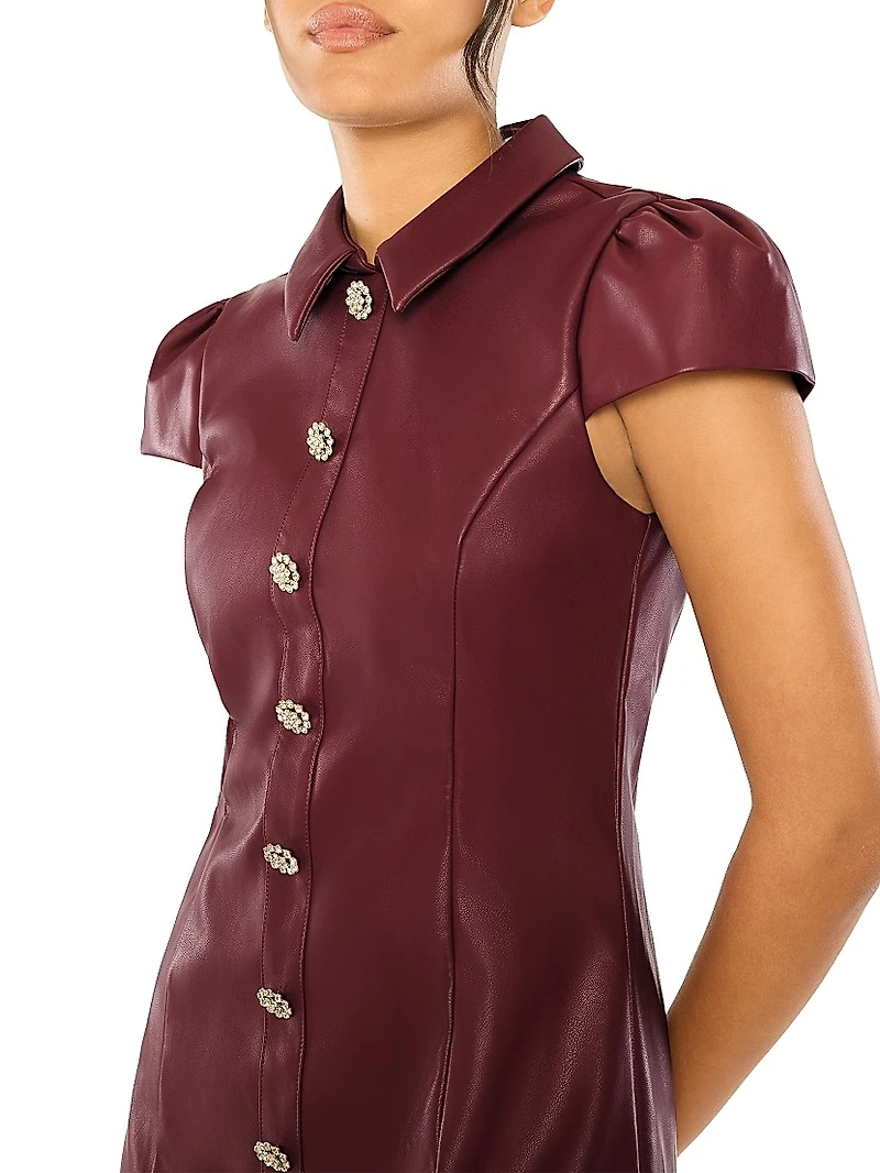 Anika Crystal Button-Detail Faux-Leather Minidress