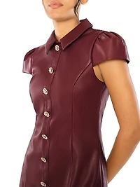 Anika Crystal Button-Detail Faux-Leather Minidress