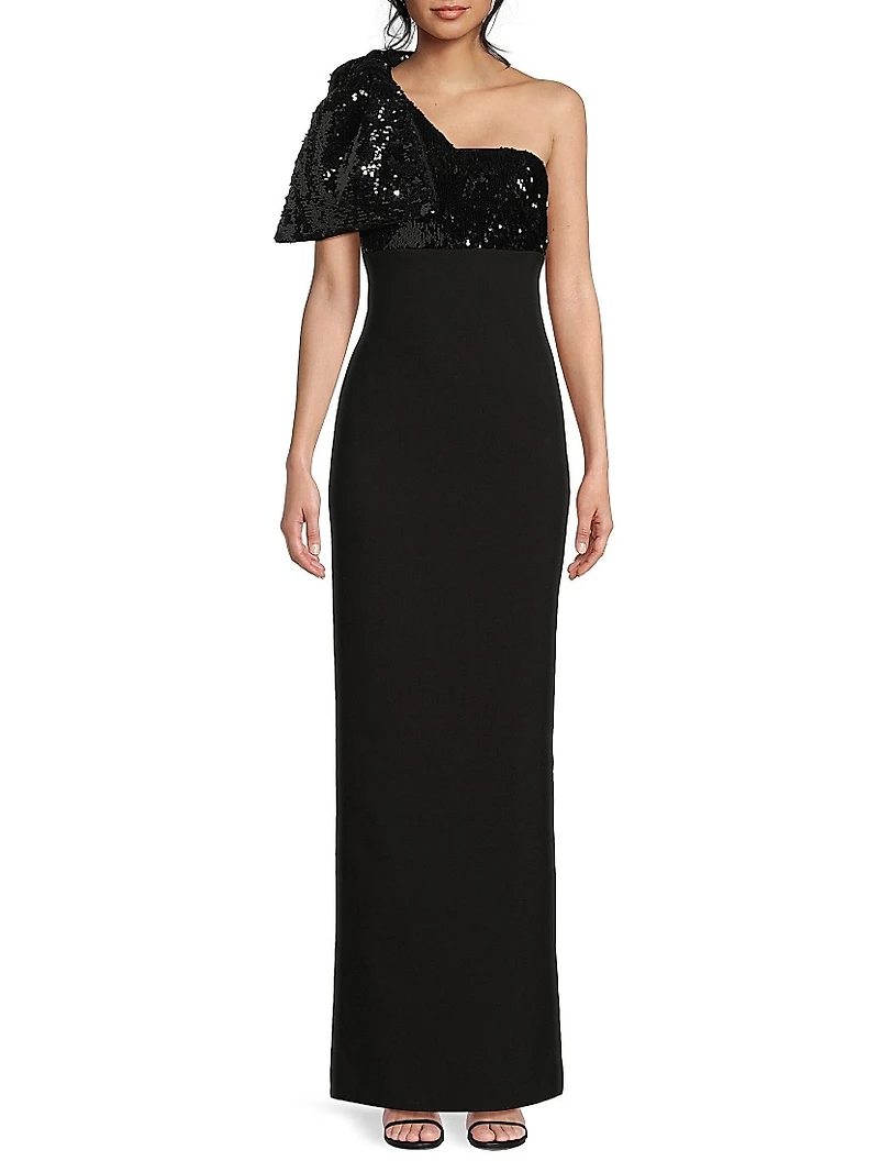 Rora Sequin Bow One-Shoulder Gown