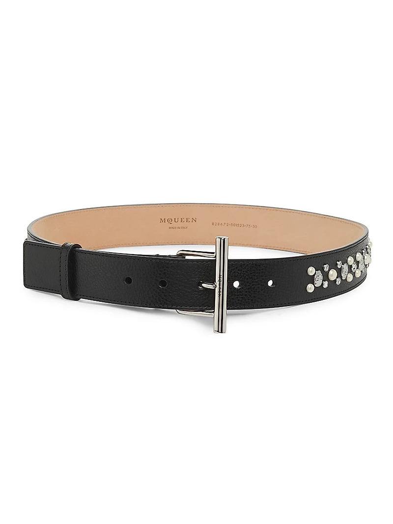 T-Bar Crystal & Imitation Pearl-Studded Leather Belt