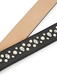 T-Bar Crystal & Imitation Pearl-Studded Leather Belt