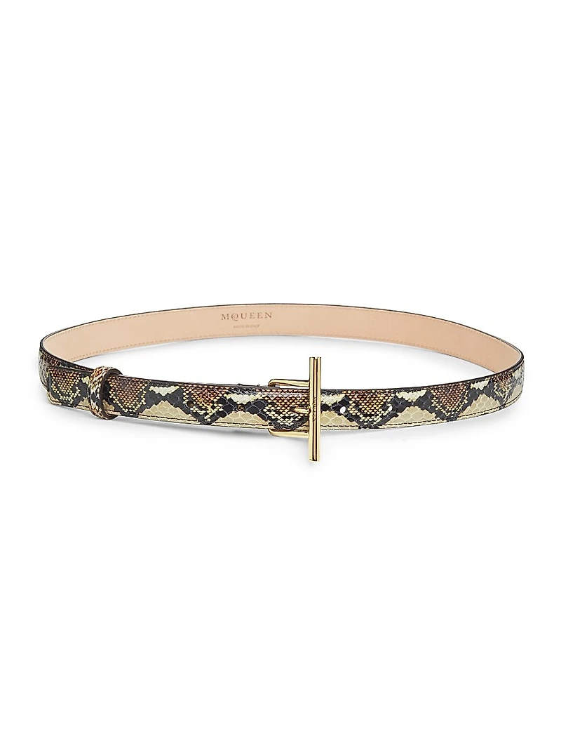 Snake-Embossed Leather T-Bar Belt