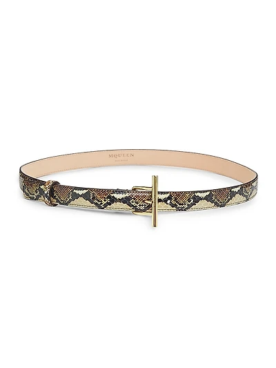 Snake-Embossed Leather T-Bar Belt