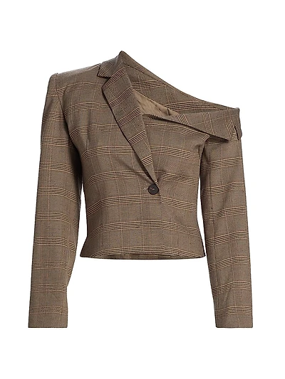 Roxanne Novelty Plaid One-Shoulder Blazer