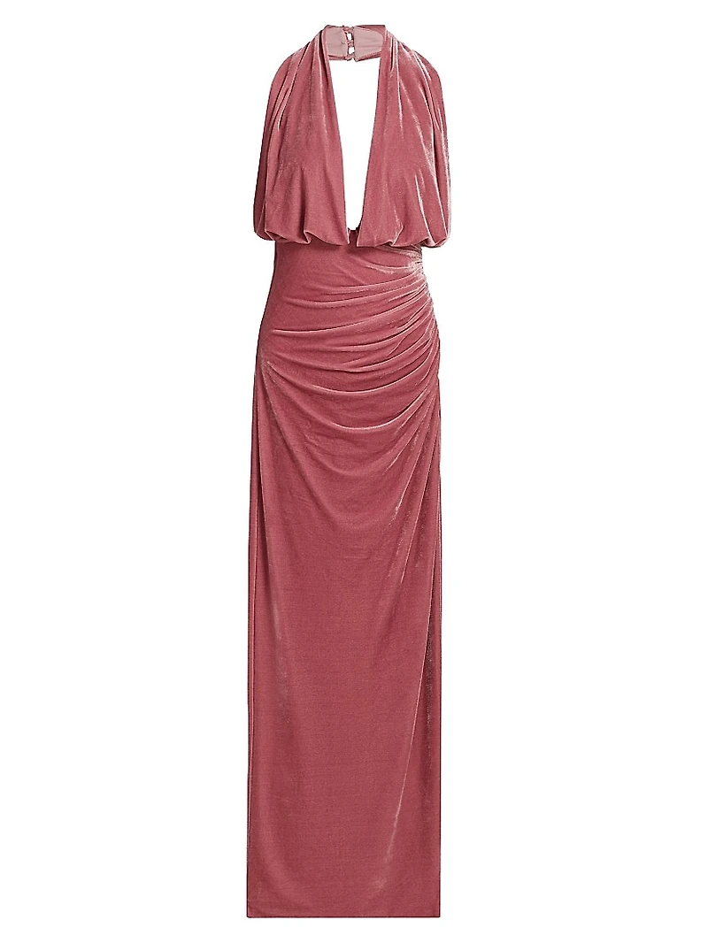 Valeria Stretch-Velvet Halterneck Gown