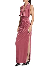 Valeria Stretch-Velvet Halterneck Gown