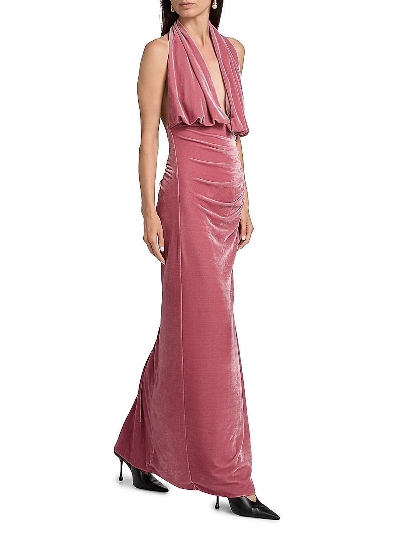 Valeria Stretch-Velvet Halterneck Gown