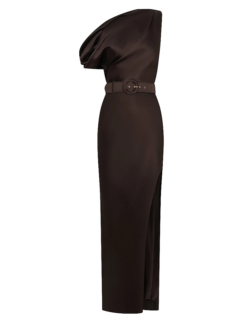 Eartha One-Shoulder Belted Column Gown