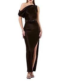 Eartha One-Shoulder Belted Column Gown