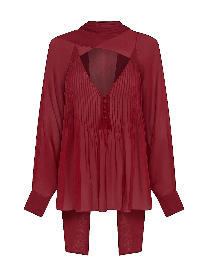 Rumi Pintuck Scarf-Neck Top