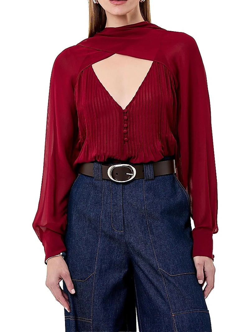 Rumi Pintuck Scarf-Neck Top