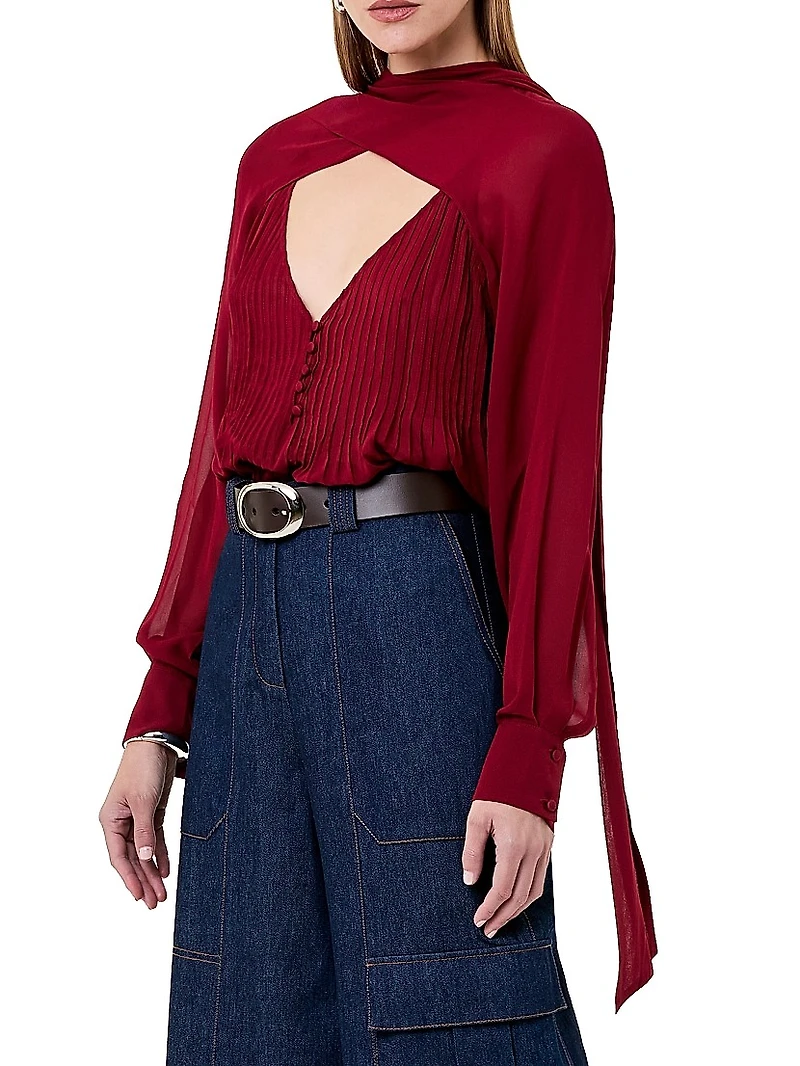 Rumi Pintuck Scarf-Neck Top