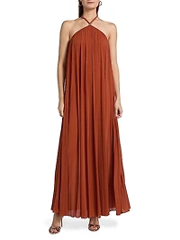 Crystal Pleated Halter Maxi Dress