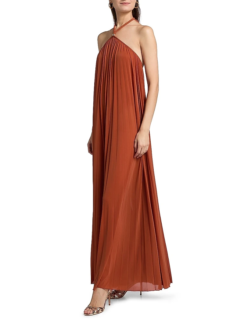 Crystal Pleated Halter Maxi Dress