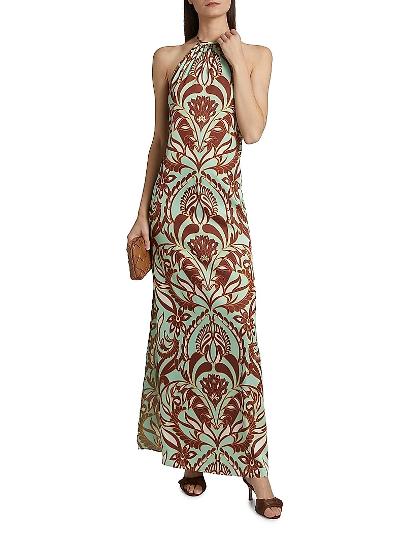 Samantha Printed Satin Halterneck Maxi Dress