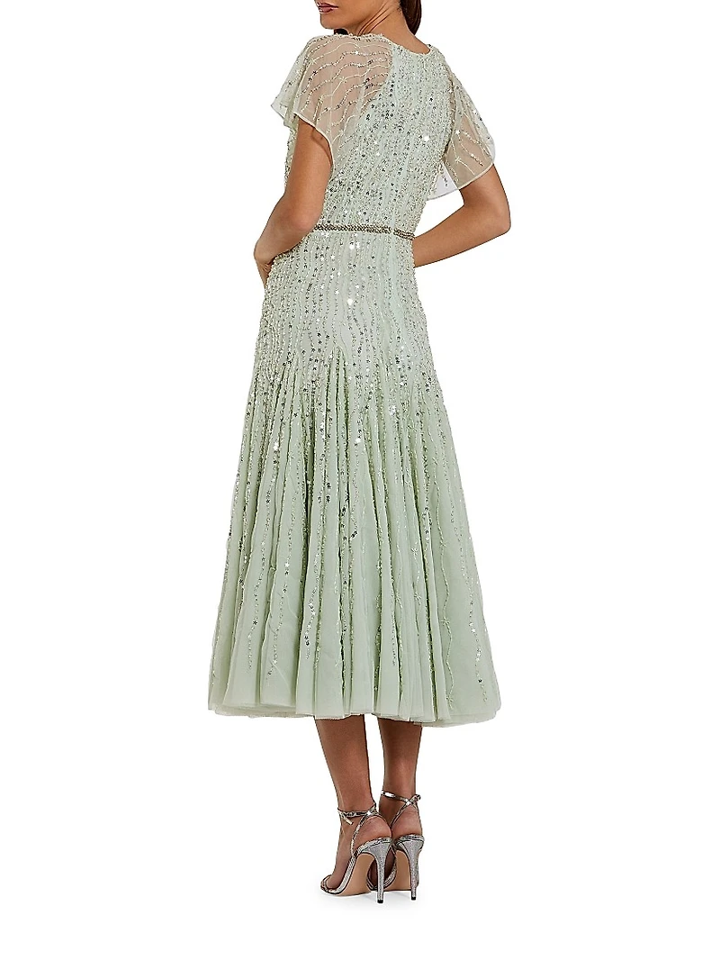 Beaded Mesh Flutter-Sleeve Cocktail Dress