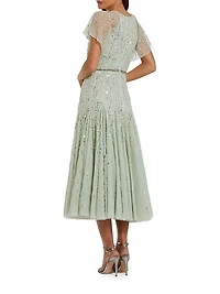 Beaded Mesh Flutter-Sleeve Cocktail Dress