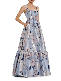 Floral Brocade Tiered A-Line Gown