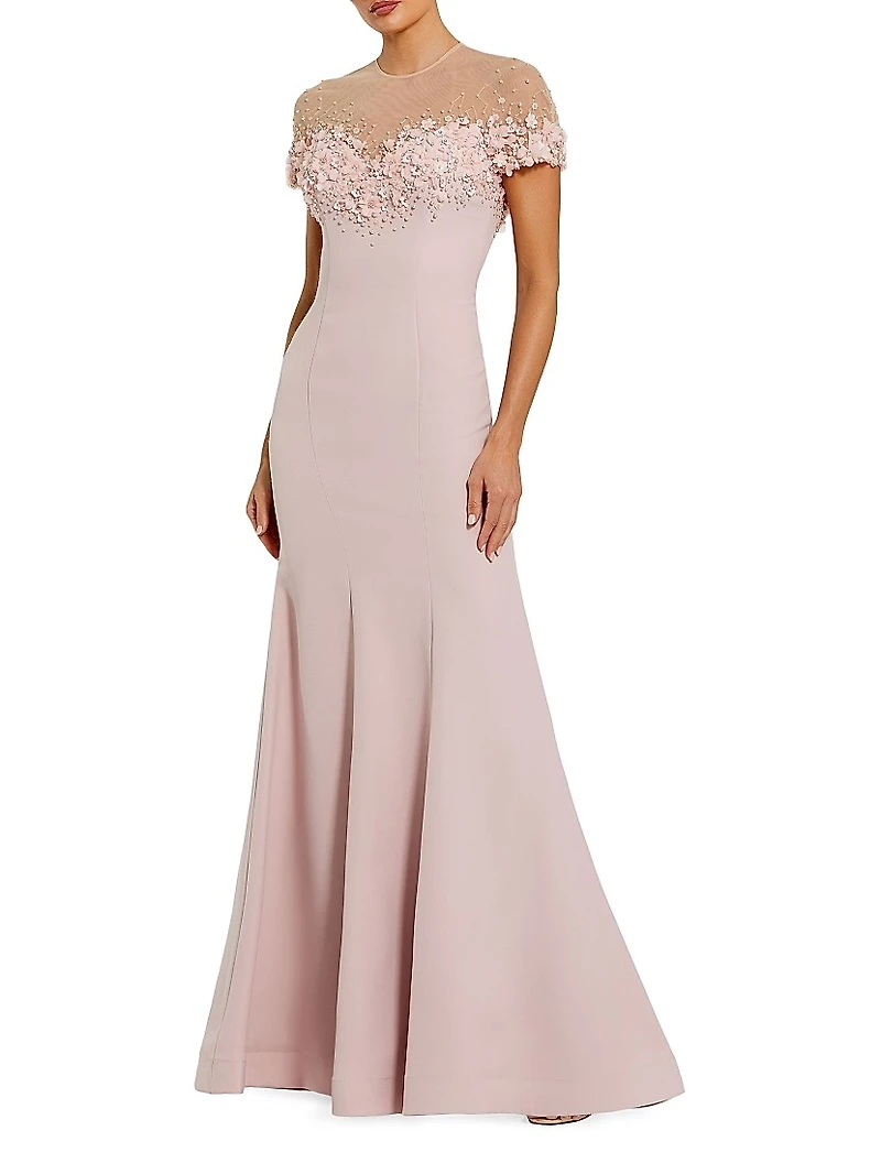 Beaded Illusion Crêpe Mermaid Gown
