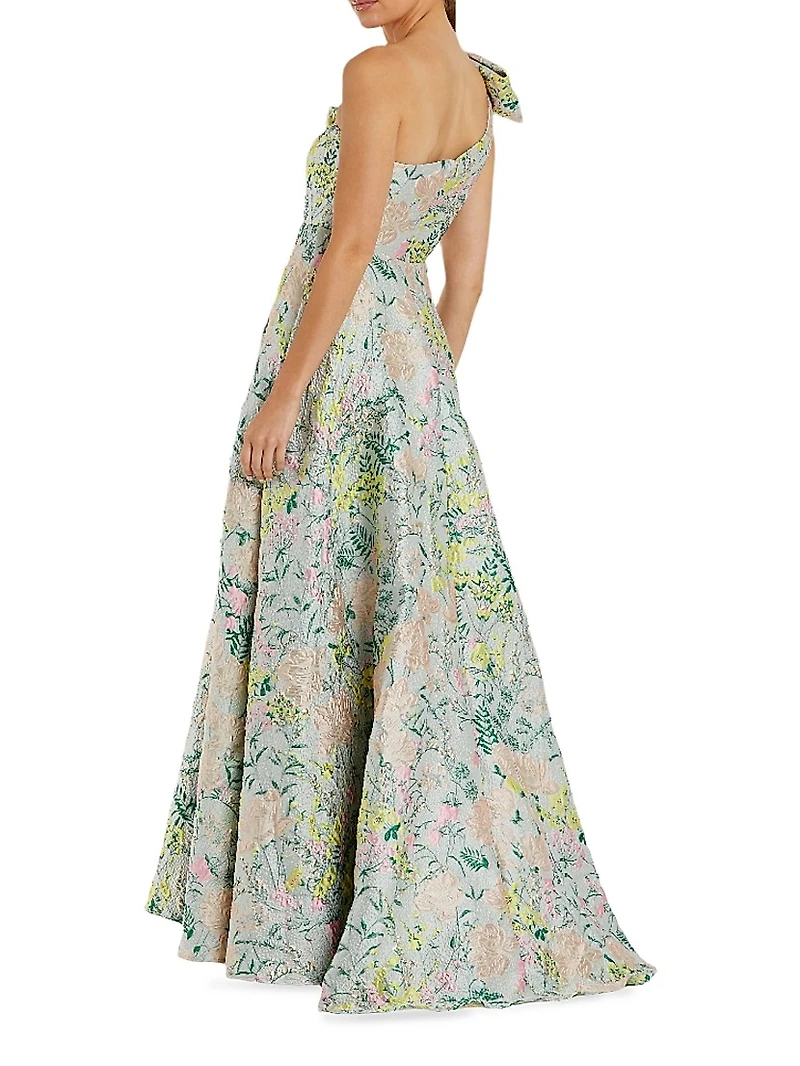 Floral Brocade Bow One-Shoulder Gown