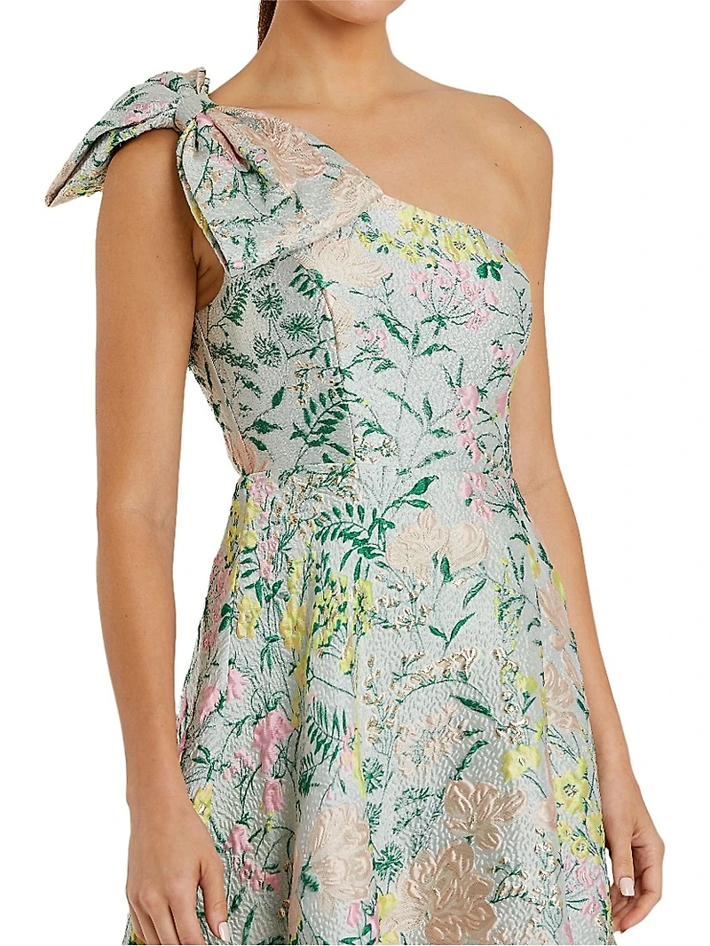 Floral Brocade Bow One-Shoulder Gown