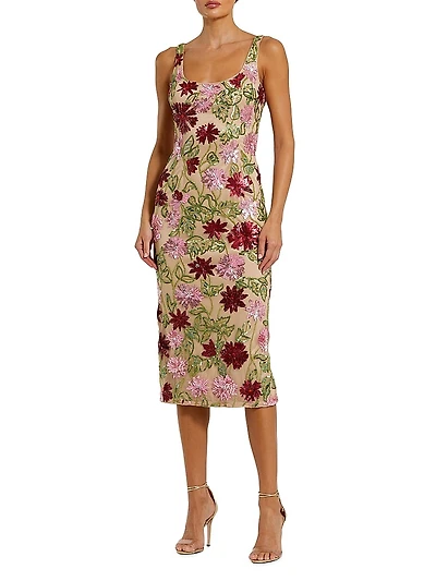 Embellished Floral Mesh Scoopneck Midi-Dress