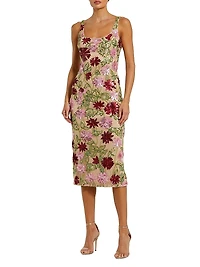 Embellished Floral Mesh Scoopneck Midi-Dress